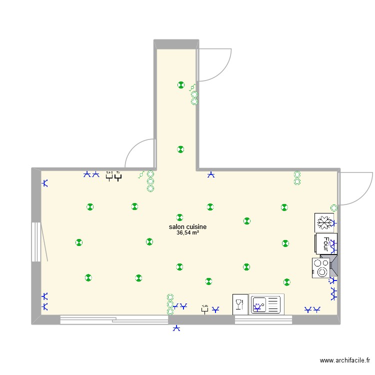 salon cuisine. Plan de 1 pièce et 37 m2