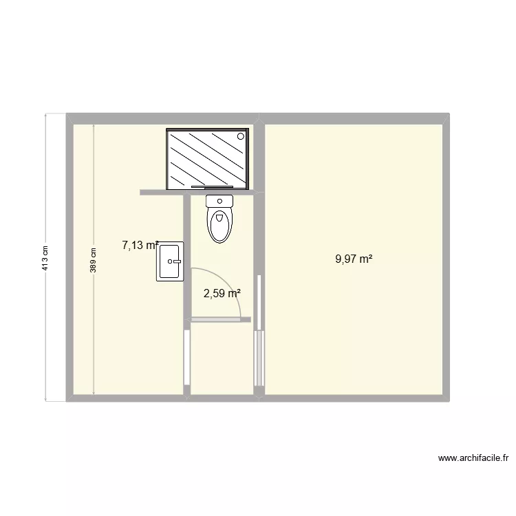SDB. Plan de 3 pièces et 20 m²