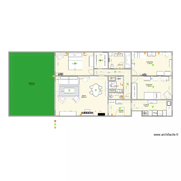 Plan Aguesseau avec cotes mesur&eacute;es et am&eacute;nagement + dressing + am&eacute;nagements V8. Plan de 