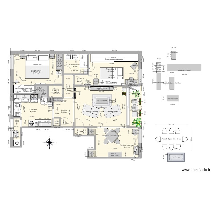 Appartement T4-meublé. Plan de 18 pièces et 73 m2