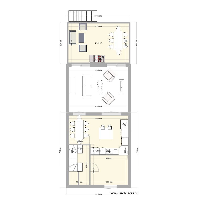 87 GS fond de plan RDC en conservant un bureau RDC. Plan de 2 pièces et 58 m2