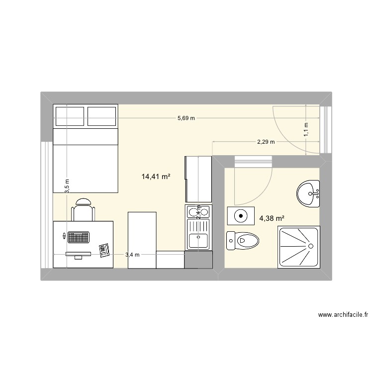 Version 3. Plan de 2 pièces et 19 m2