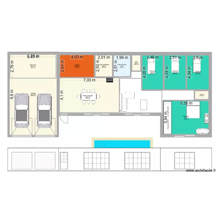 plein pied. Plan de 12  et 173 m²