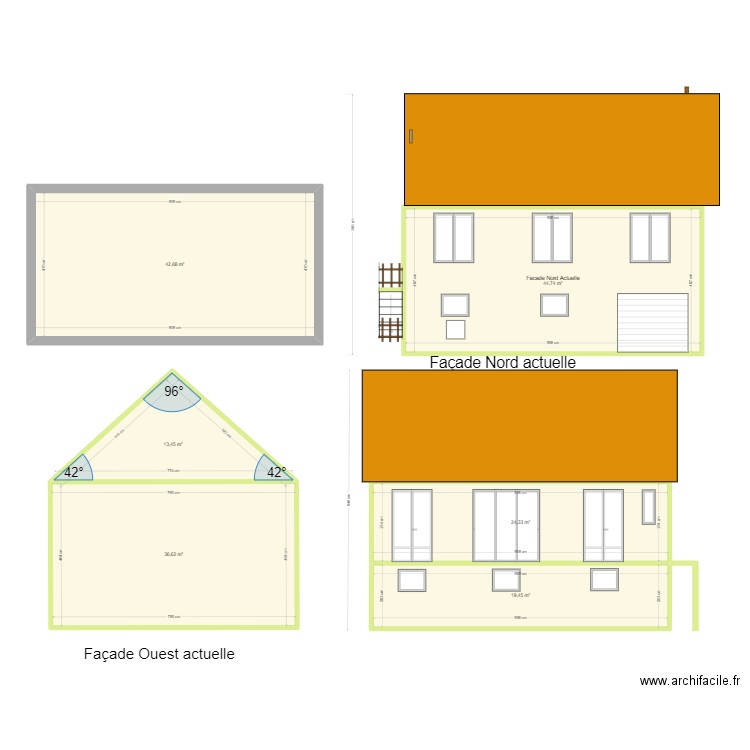 Plan de facade et toiture. Plan de 6 pièces et 181 m2