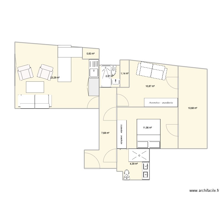 Baille. Plan de 9 pièces et 73 m2