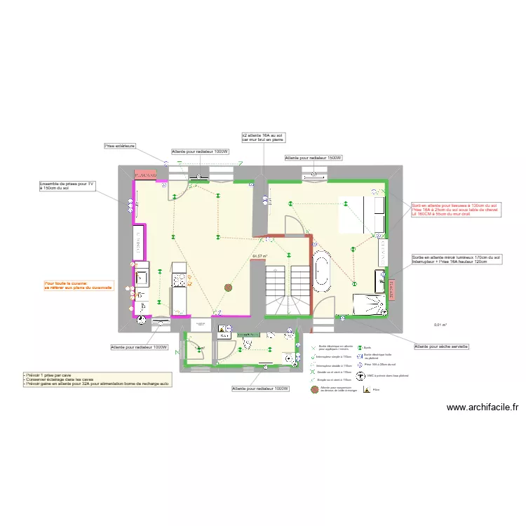 PLAN ELECTRIQUE MAISON CHEILLY. Plan de 3  et 66 m²
