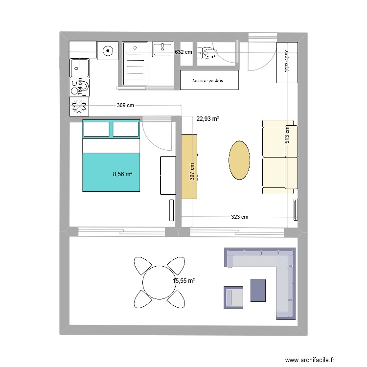 Sète. Plan de 3 pièces et 47 m2