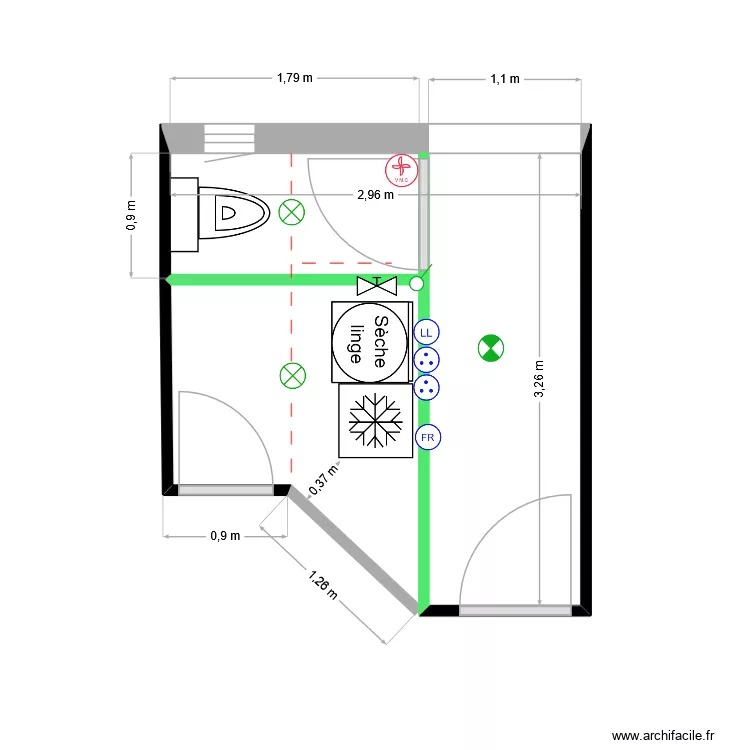 Buanderie, WC et passage. Plan de 