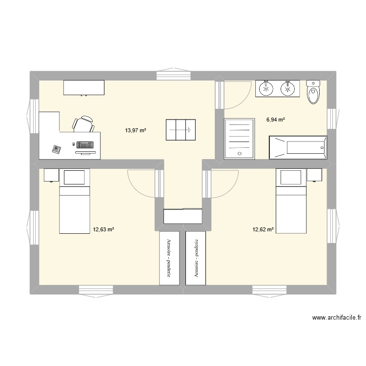 Etage. Plan de 4 pièces et 46 m2