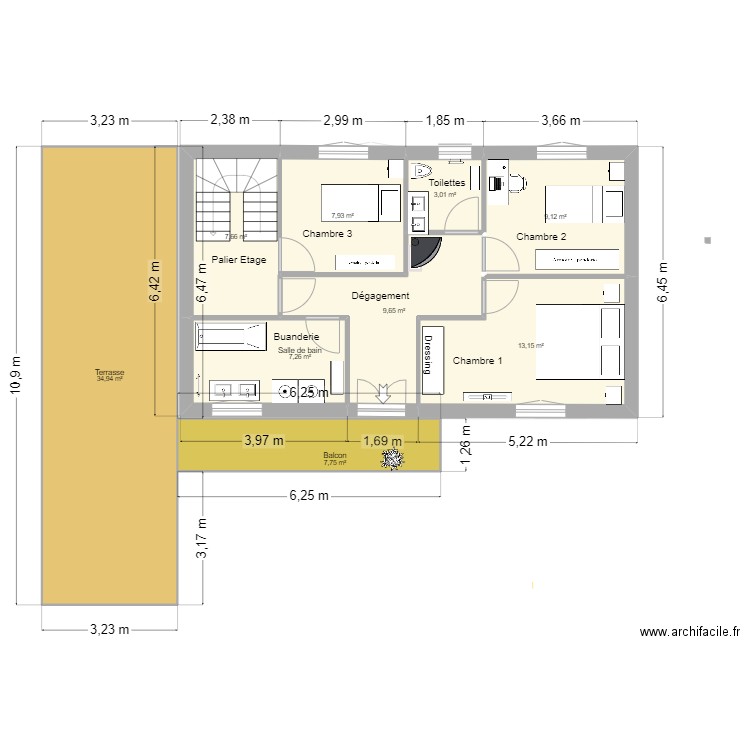 Etage projet V5. Plan de 15 pièces et 159 m2
