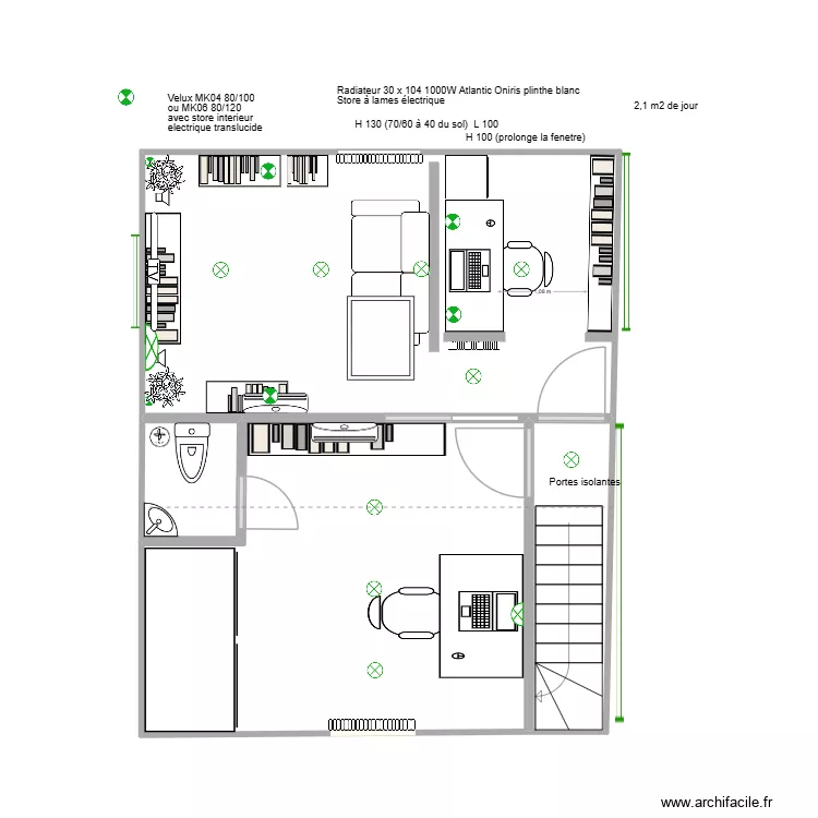 (def) Salon et bureau 1 fen&ecirc;tre fauteuil perpendiculaire fen&ecirc;tre. Plan de 4  et 37 m²