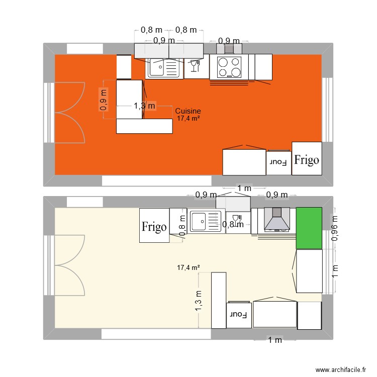 cuisine. Plan de 2 pièces et 35 m2