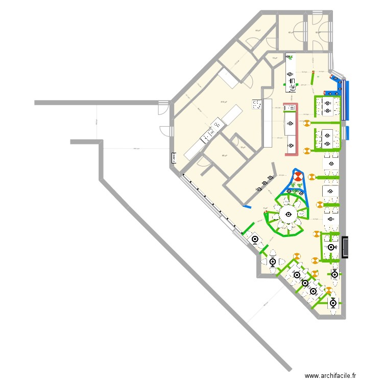 Restaurant Sushi World 20240228. Plan de 18 pièces et 221 m2