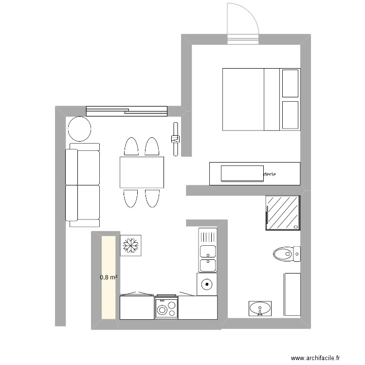 vero. Plan de 1 pièce et 1 m2