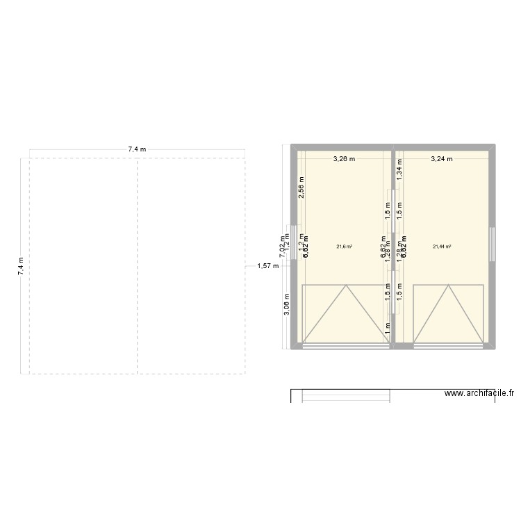 moi. Plan de 2 pièces et 43 m2