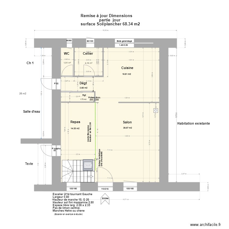 Remise à jour dimensions**. Plan de 3 pièces et 69 m2