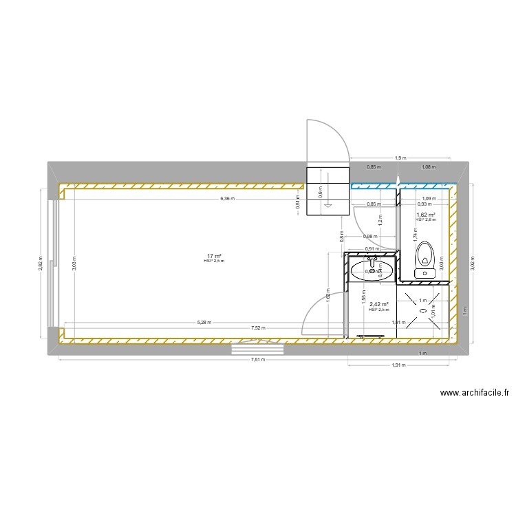 calle sb. Plan de 3 pièces et 21 m2