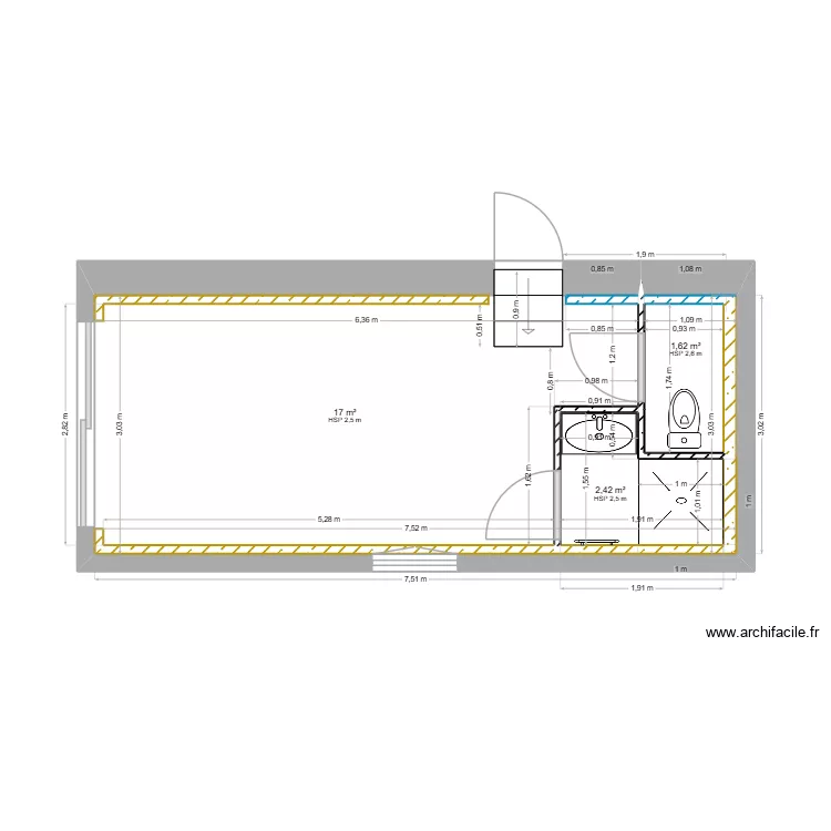 calle sb. Plan de 3 pièces et 21 m²