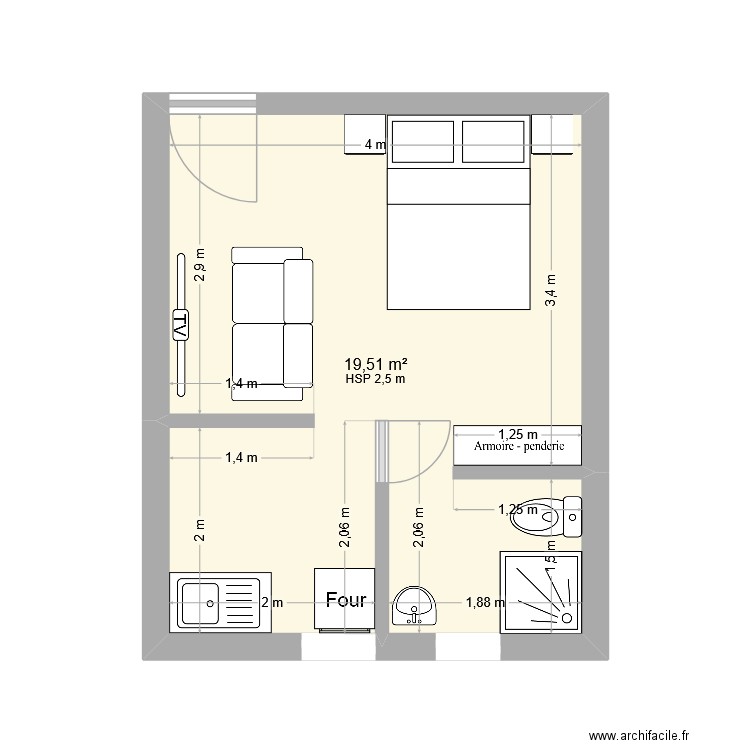 Thierry 1. Plan de 1 pièce et 20 m2