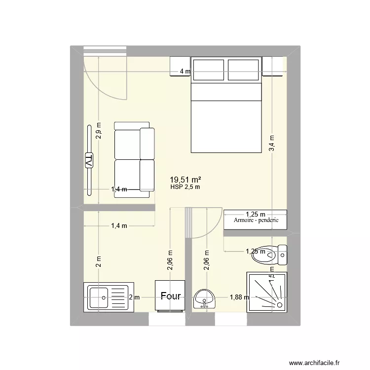 Thierry 1. Plan de 1 pièce et 20 m²
