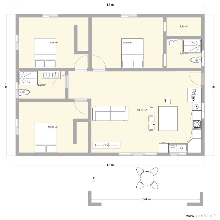 maison 94 m² + terrasse 20 m² mod 1 RS. Plan de 7 pièces et 94 m2