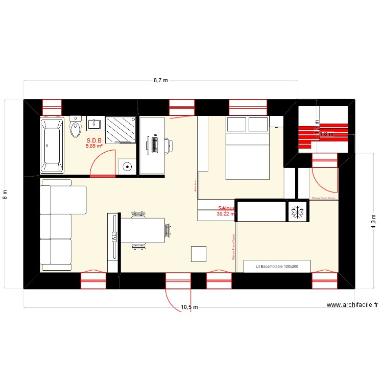 Maison 33. Plan de 2 pièces et 44 m2