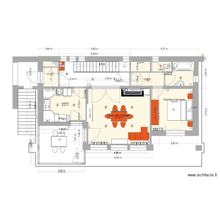Chantelac R+1 Prunieres aménagement Lumières. Plan de 8 pièces et 52 m2