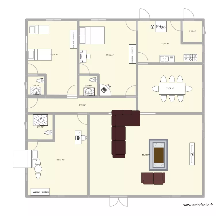 plan de 3 chambres salon avec salle &agrave; manger et cuisine. Plan de 