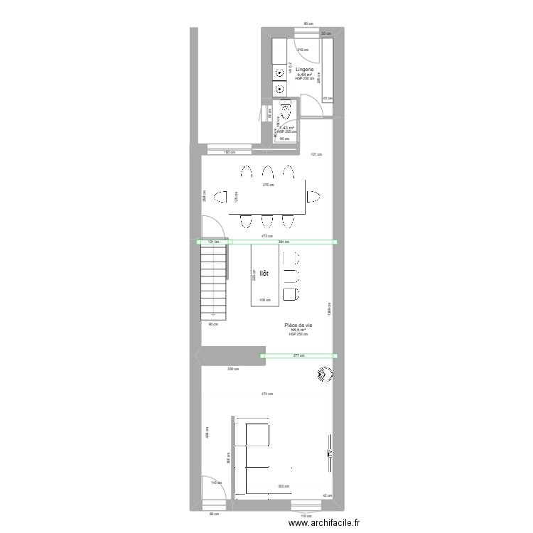 Rez de Chaussé - Projet 2-1 - Poutres. Plan de 3 pièces et 65 m2