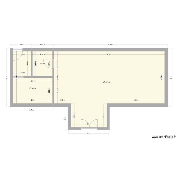 casi. Plan de 3 pièces et 64 m2