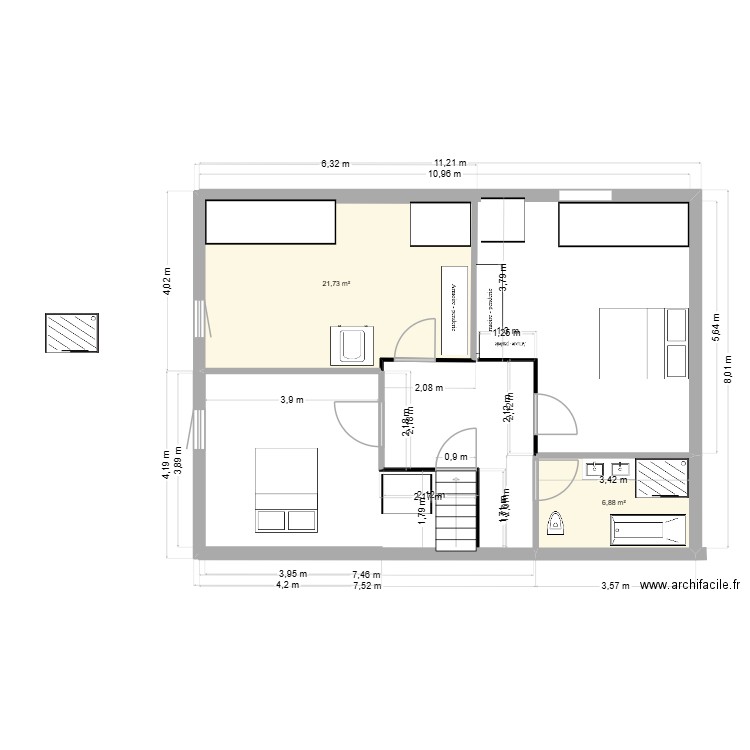 réno étage. Plan de 2 pièces et 29 m2
