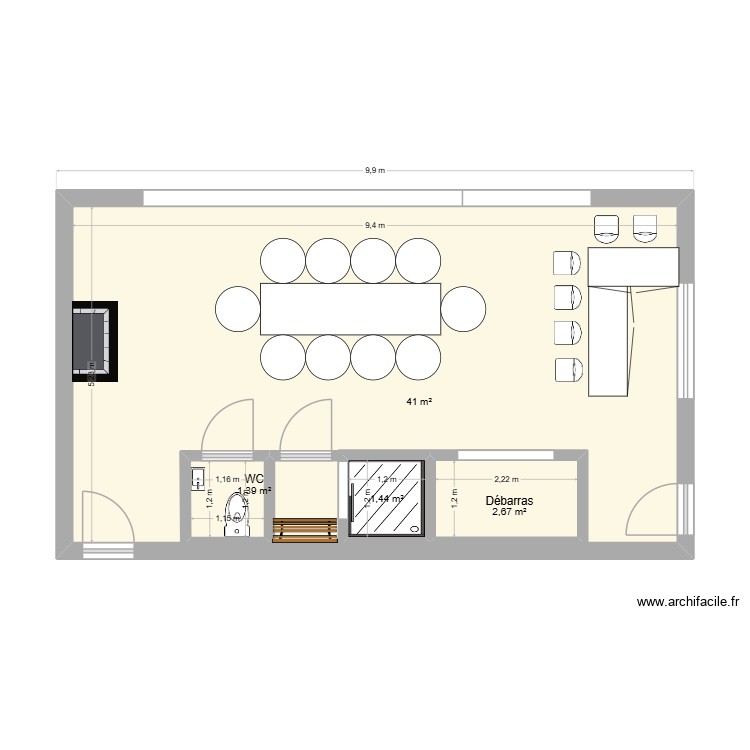 Extension avec WC au fond. Plan de 0 pièce et 0 m2