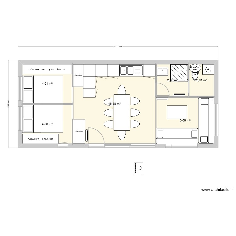 Tiny pas tout a fait tiny. Plan de 6 pièces et 37 m2