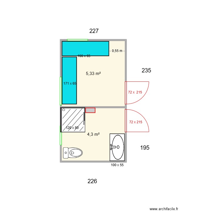 cuisine plzn de travail. Plan de 2 pièces et 10 m2