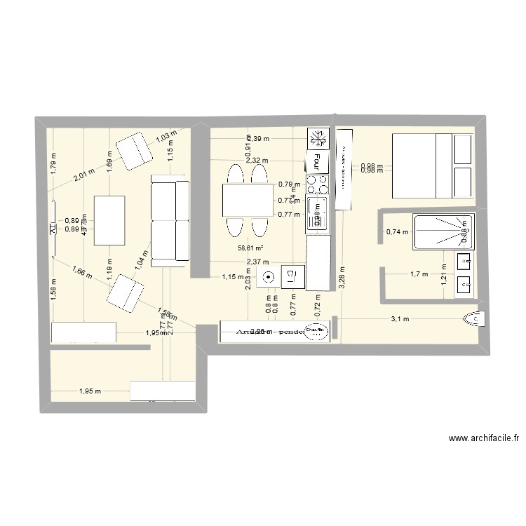 uzes. Plan de 1 pièce et 59 m2