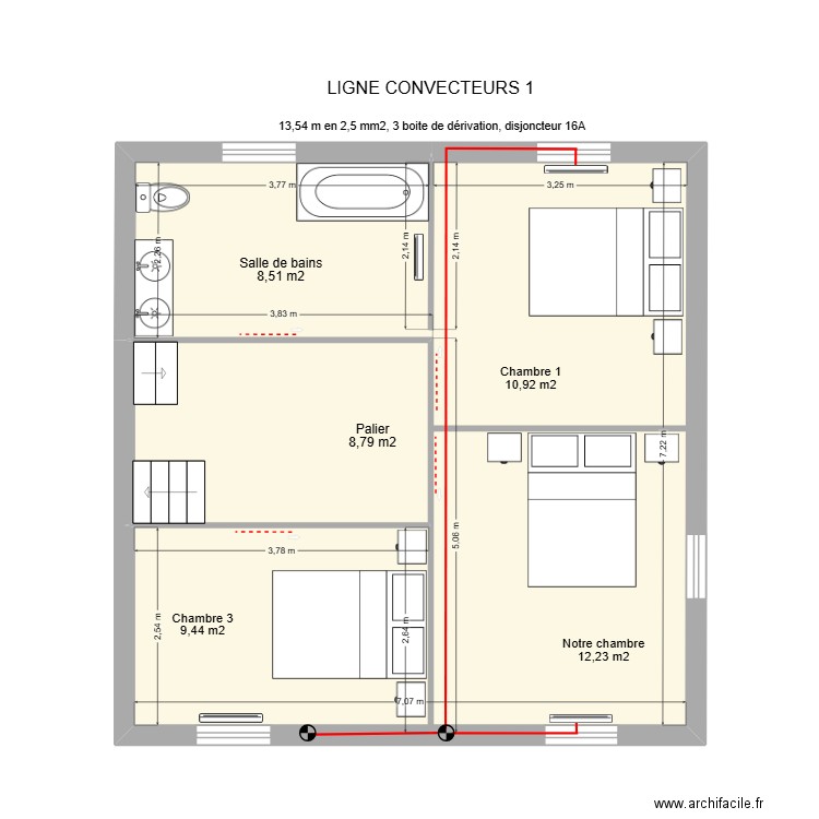 Ligne convecteurs 2. Plan de 2 pièces et 50 m2