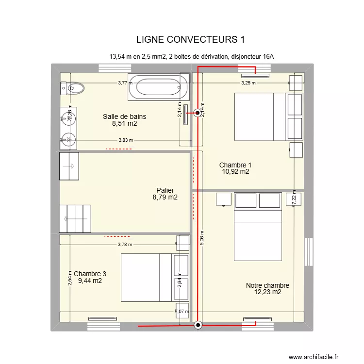 Ligne convecteurs 2. Plan de 2 pièces et 50 m²