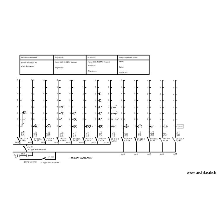 Schéma unifilaire 1 TD A4. Plan de 8 pièces et 15 m2