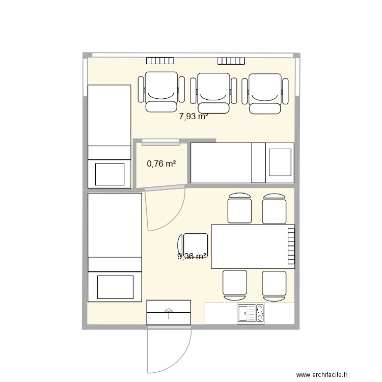 5x3,95. Plan de 3 pièces et 18 m2
