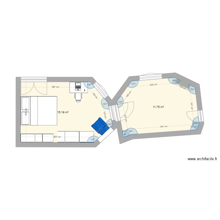 chambre. Plan de 2 pièces et 27 m2