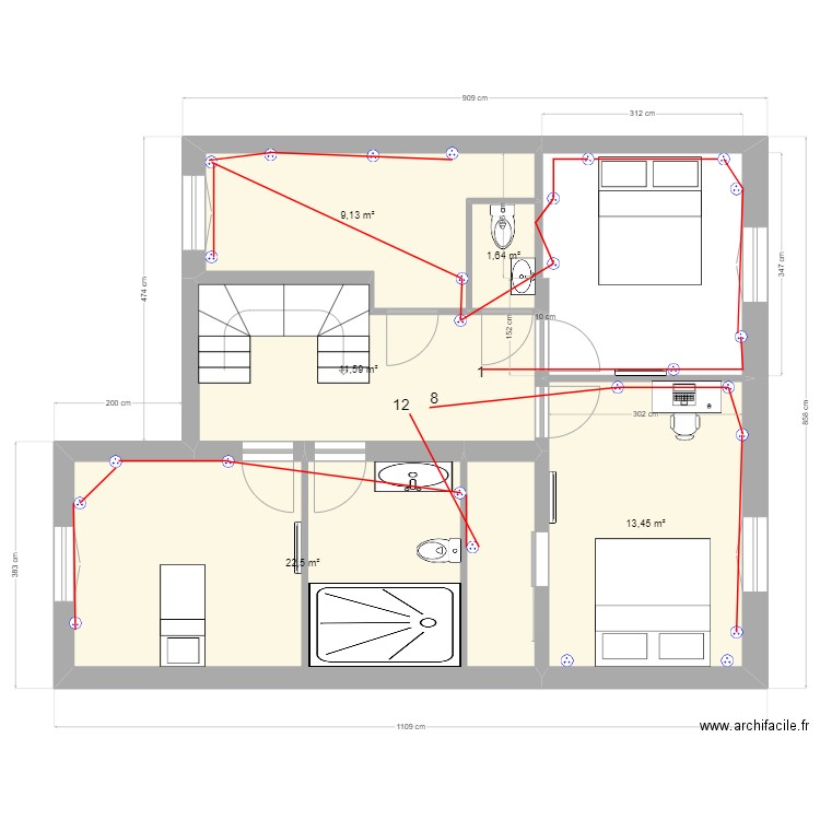 Sèvres 57 R+1 electricité prise 2e option de salle de bain. Plan de 5 pièces et 58 m2