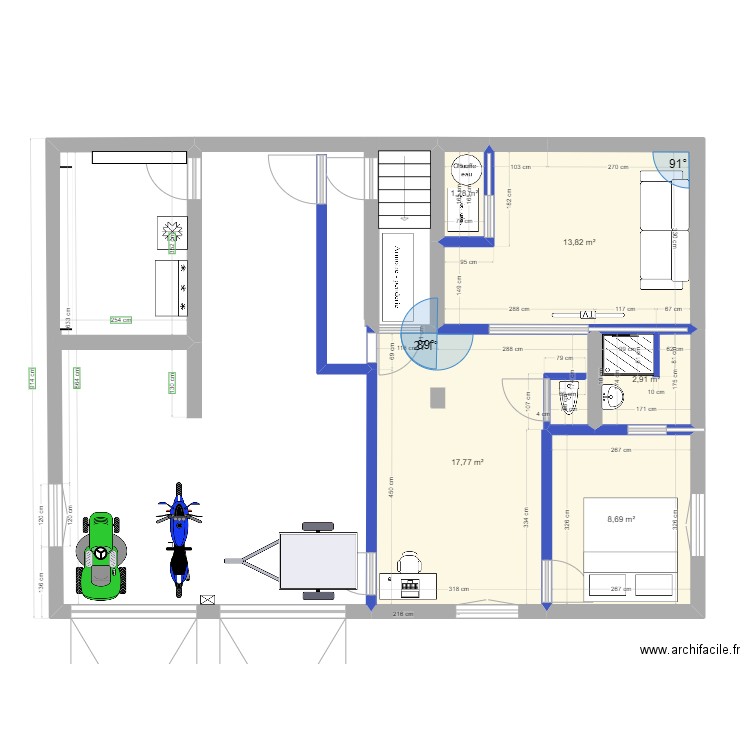 Garage avec sdb 3. Plan de 5 pièces et 44 m2