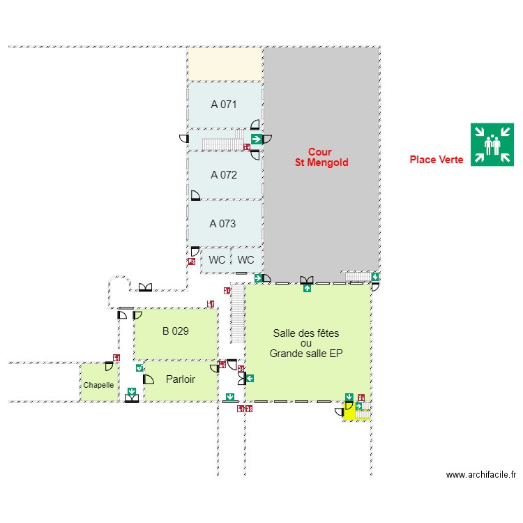 ISMHZoneAniveau0 Dénominations incendie. Plan de 14 pièces et 938 m2