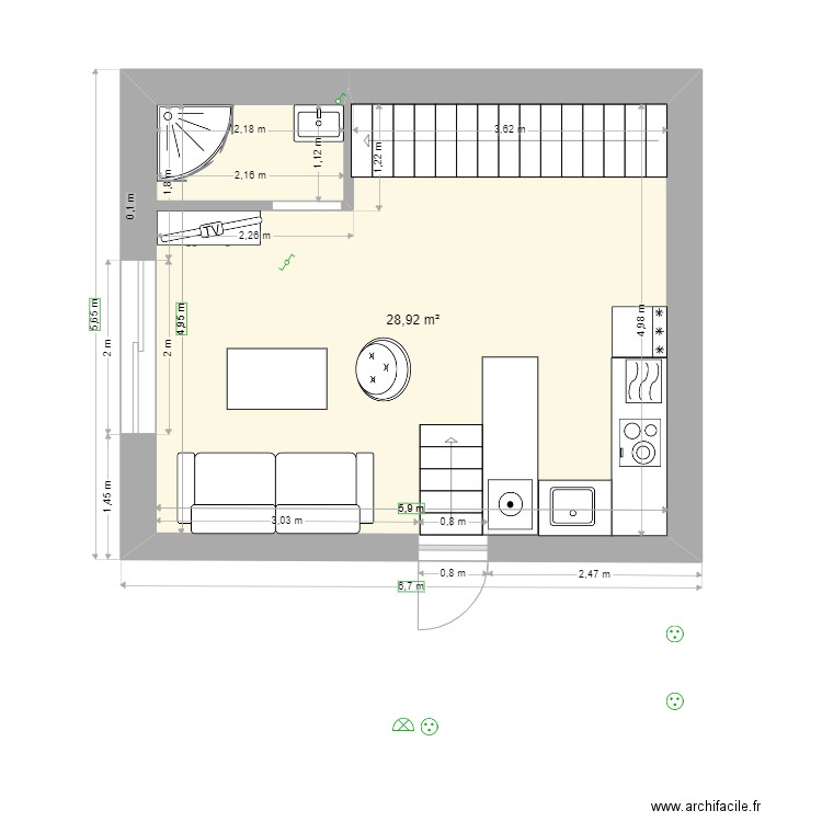 Etage RDC. Plan de 1 pièce et 29 m2