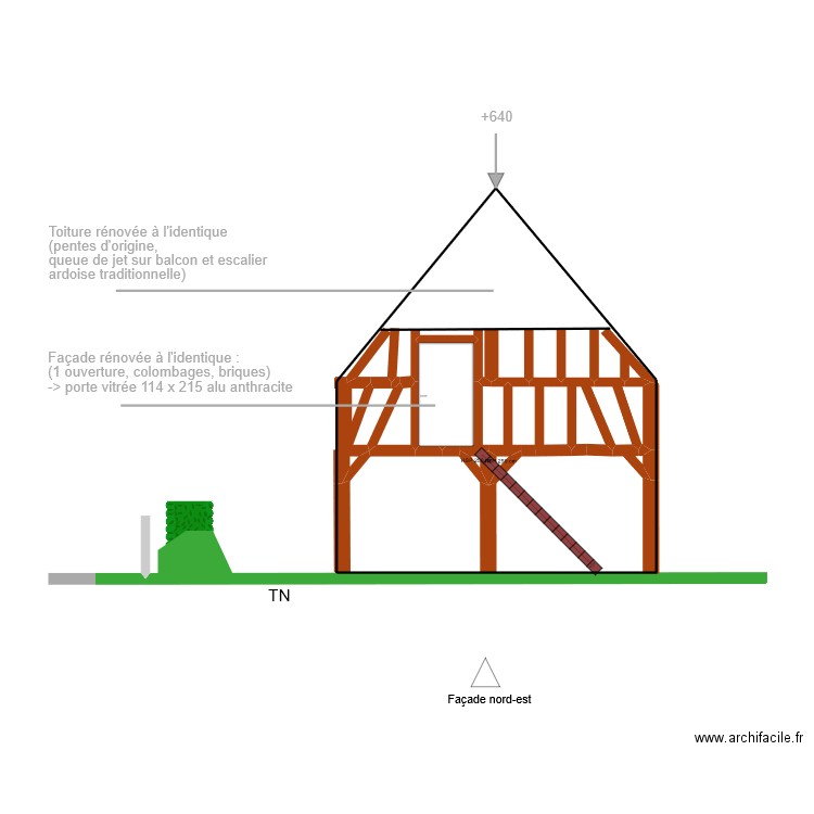 Plan façade et toiture vue nord est. Plan de 5 pièces et 7 m2