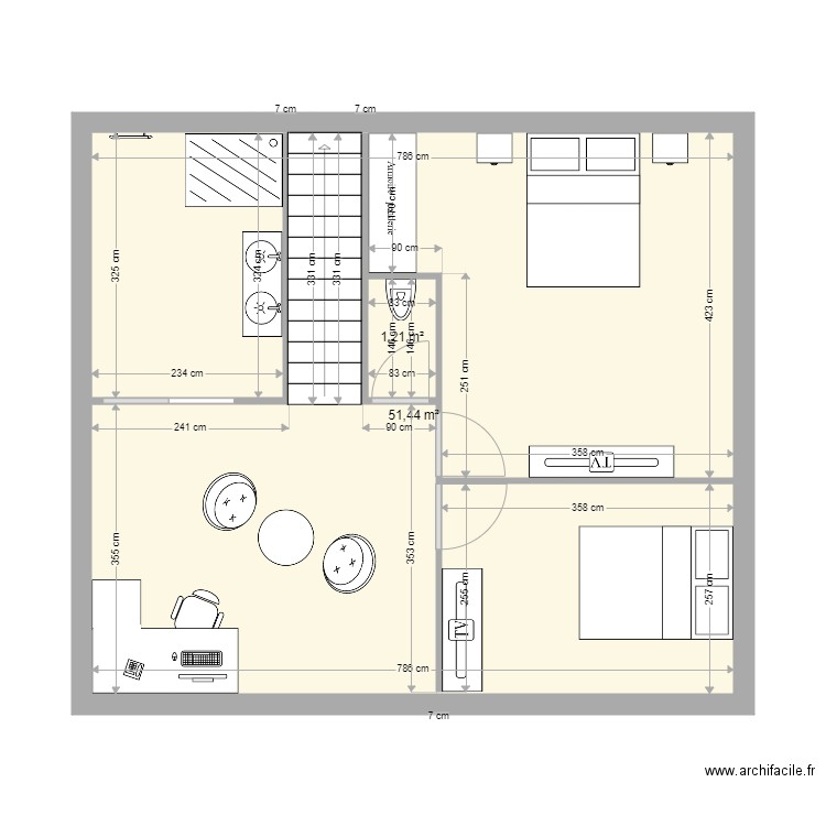 FAUQUET. Plan de 2 pièces et 53 m2