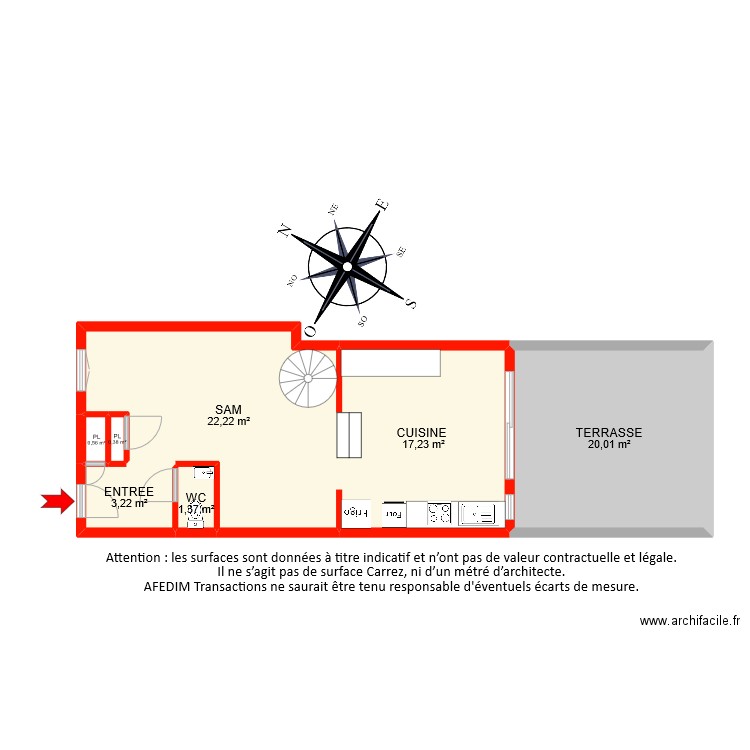 BI8641 RDC. Plan de 7 pièces et 65 m2