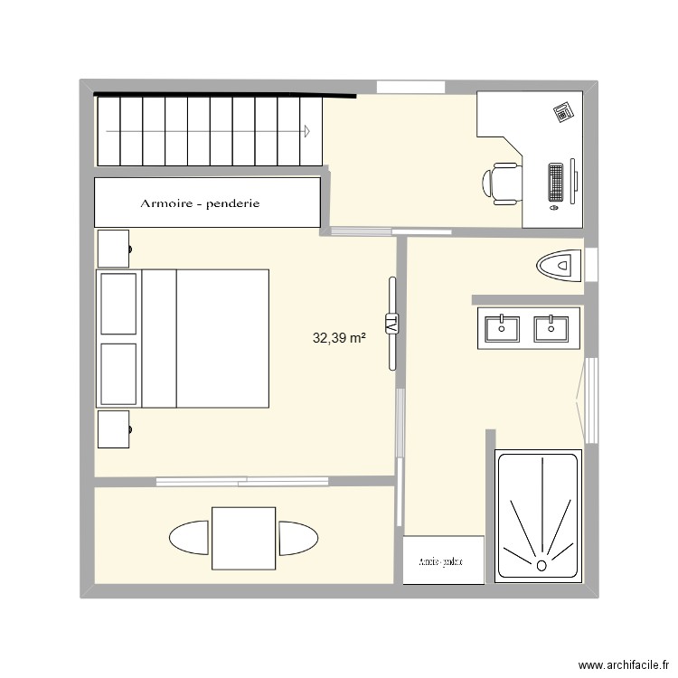 chambre etage. Plan de 1 pièce et 32 m2