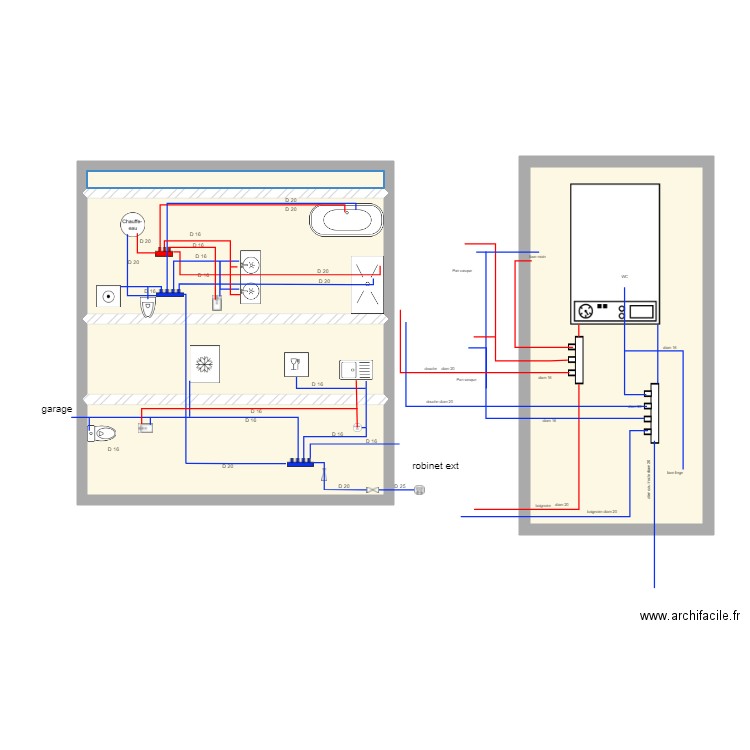 plomberie. Plan de 5 pièces et 87 m2