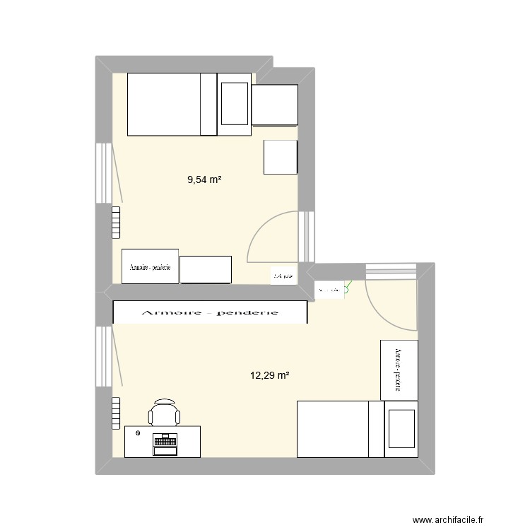 Chambre 1 bis. Plan de 2 pièces et 22 m2
